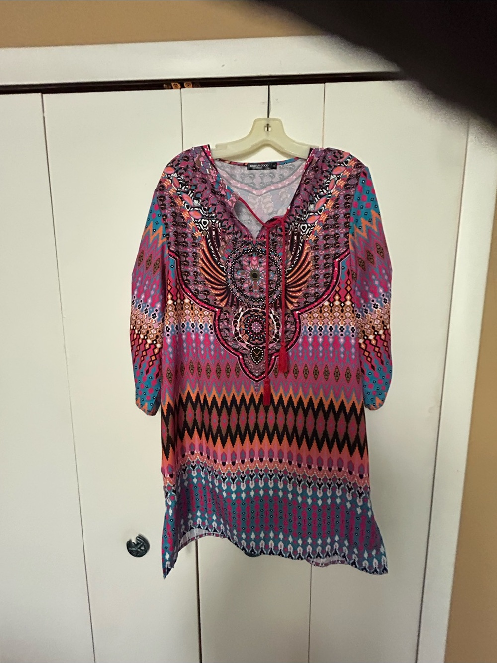 Women's Pink Multi-Pattern V-Neck Dress